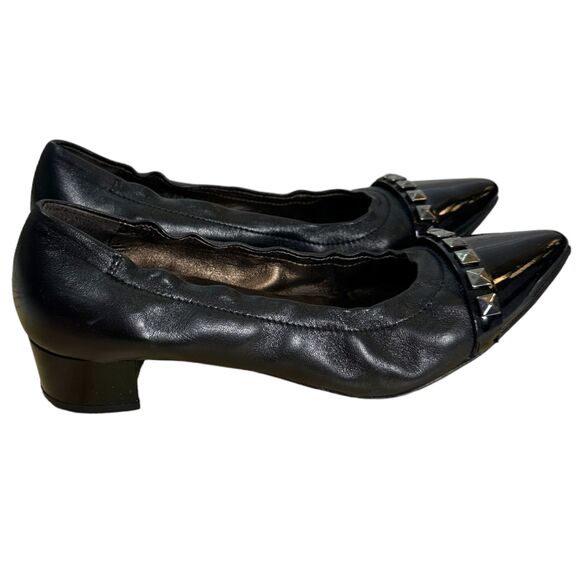 AGL Black Leather Chunky Heel Studded Pointed Cap Toe Heels Size 37.5 (US 7) - Picture 4 of 9